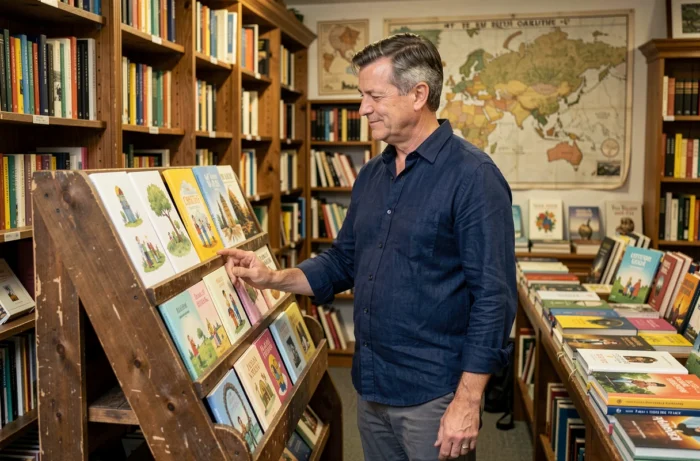 Homem folheando livretos de contos ilustrados em uma livraria independente vintage