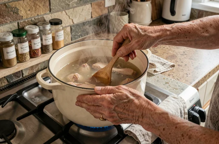 Close-up of an elderly woman's hands preparing homemade chicken broth on a stove, highlighting the nutritional benefits of chicken for seniors
