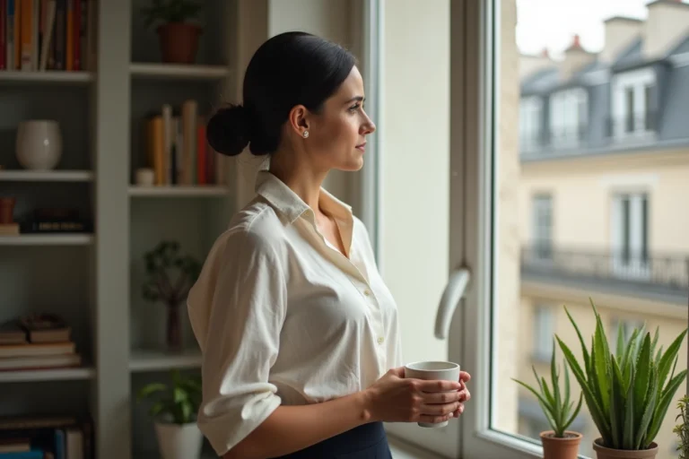 Margot Haddad dans son appartement parisien, portrait intimiste en tenue élégante décontractée