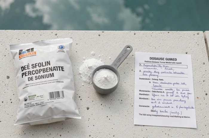 Matériel de dosage du percarbonate de sodium pour l'entretien du pH d'une piscine, vue de dessus