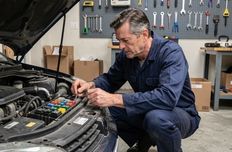 Mécanicien amateur inspectant le boîtier de fusibles sous le capot d'une voiture dans un garage domestique pour localiser le fusible du régulateur de vitesse