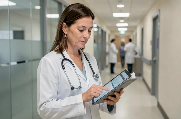 Médecin femme consultant des informations de santé sur une tablette dans un couloir d'hôpital moderne