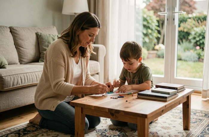 Mother and child sharing a moment of complicity during a creative activity at home