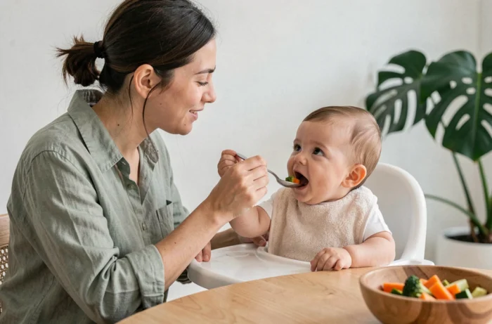 Jeune mère nourrissant son bébé à la cuillère lors d'un repas de diversification dans une salle à manger lumineuse et moderne