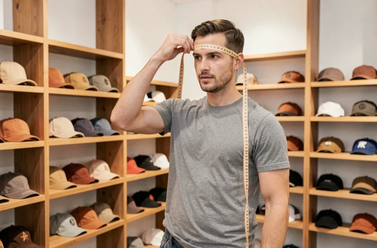 Homme mesurant son tour de tête avec un mètre ruban souple dans un magasin de casquettes pour trouver la taille idéale