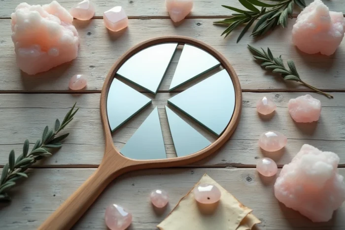 Miroir à main brisé en sept morceaux sur une table en bois entouré de cristaux de quartz rose et de feuilles de sauge séchées, symbolisme et superstitions