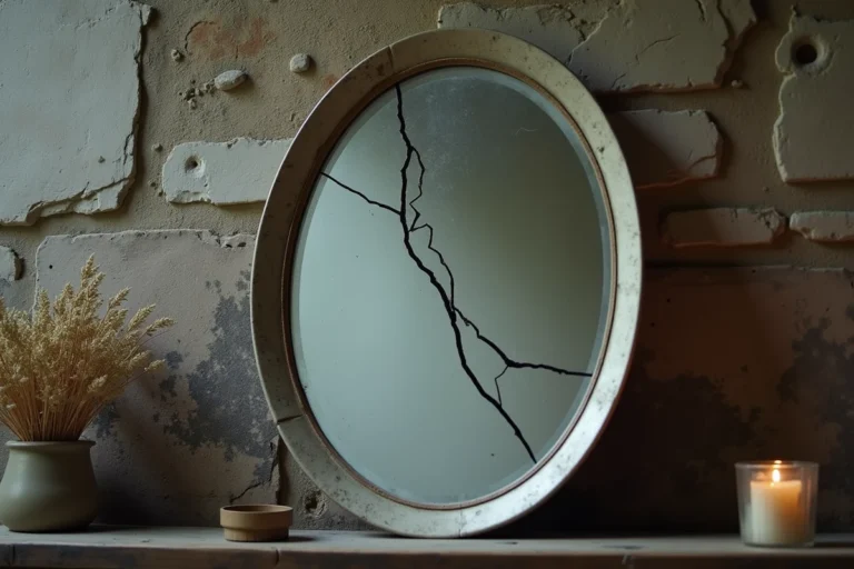 Miroir ovale vintage fissuré posé contre un mur en pierre avec des fleurs séchées et une bougie, atmosphère mystérieuse et spirituelle