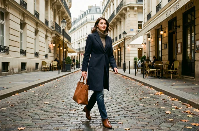 Jeune femme dynamique marchant dans une rue pavée parisienne avec un manteau marine, incarnant ambition et nouveaux projets