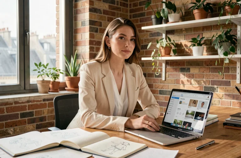 Jeune femme créative assise à son bureau dans un studio parisien, entourée de carnets de projets et d'un ordinateur portable
