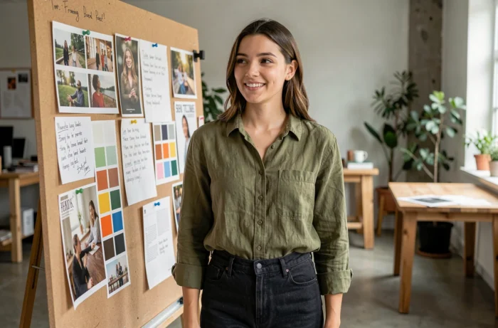 Femme créative debout devant un tableau d'inspiration dans un espace de travail moderne, présentant ses nouveaux projets