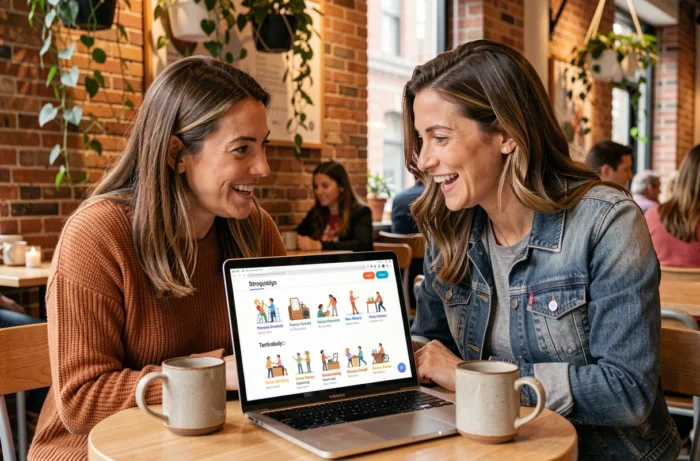 Duas mulheres consultando juntas as páginas de um site de storytelling ilustrado em um café urbano