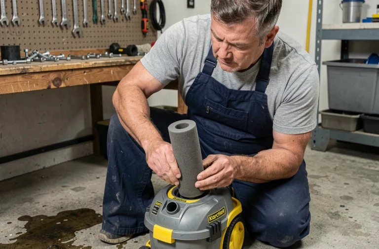 Homme retirant le filtre mousse d'un aspirateur Karcher WD4 dans un garage atelier