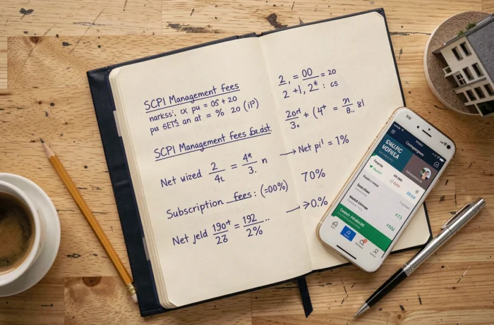 Vue aérienne d'un bureau avec notes manuscrites sur les frais de SCPI, calculatrice et application financière sur smartphone