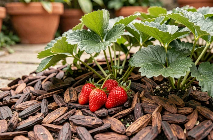 Gros plan sur un paillage de coques de cacao autour de plants de fraisiers avec fraises rouges mûres
