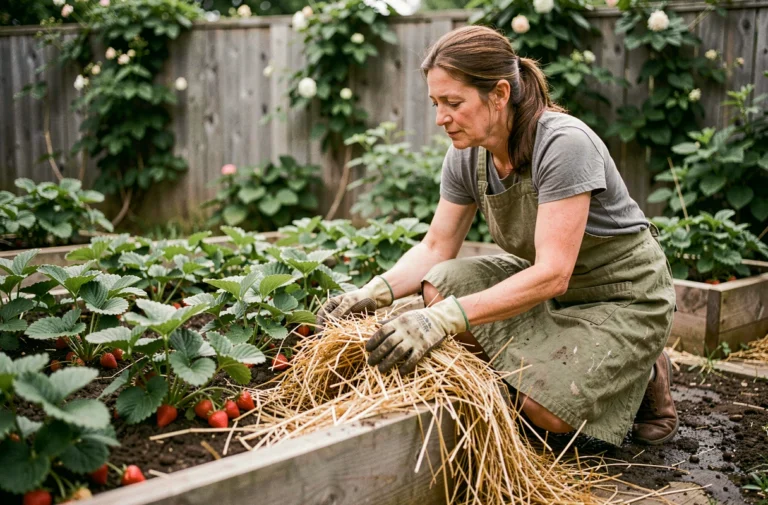 Jardinière posant du paillage de paille autour de plants de fraisiers dans un potager surélevé en bois
