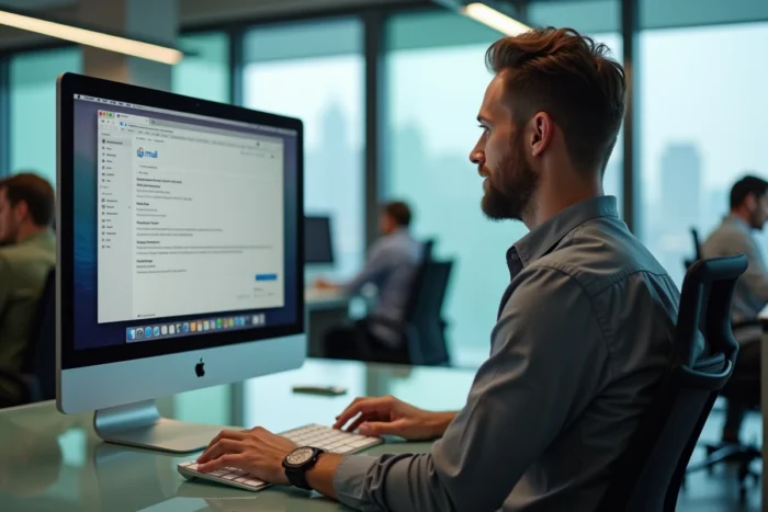 Homme paramétrant la configuration IMAP IONOS sur Gmail depuis un iMac dans un bureau en open space
