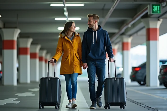 Couple avec bagages à roulettes marchant dans un parking couvert à l'aéroport d'Orly