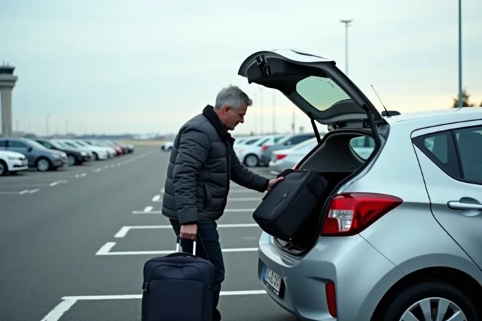 Homme chargeant ses bagages dans sa voiture dans un parking extérieur économique près d'Orly