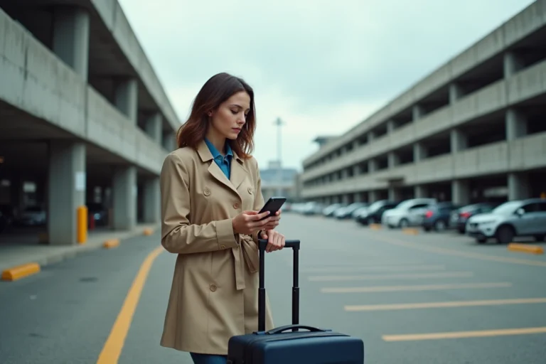 Femme avec valise consultant son téléphone dans un parking extérieur à proximité de l'aéroport d'Orly