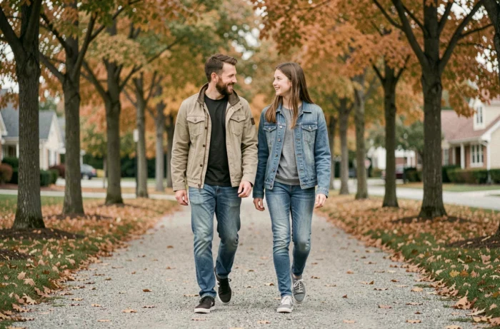 Father and teenager walking together in a park in autumn, a family sharing moment