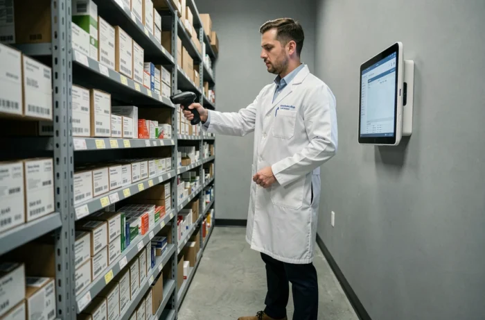 Pharmacist conducting a stock inventory in the reserve of a pharmacy with a barcode scanner