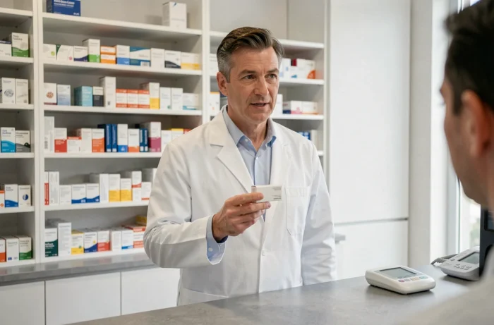 Farmacista che spiega l'effetto del paracetamolo sulla pressione arteriosa durante un malessere vagale in farmacia