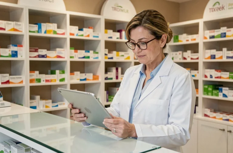 Pharmacienne en blouse blanche consultant une tablette numérique dans une officine pharmaceutique moderne bien organisée