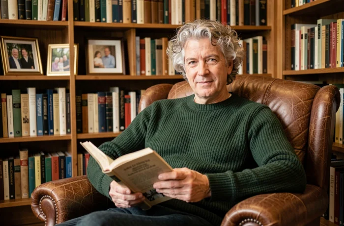 Homme aux cheveux bouclés grisonnants assis dans un fauteuil en cuir entouré d'une bibliothèque privée avec photos de famille, illustrant les révélations intimes et les secrets personnels de Philippe Gougler