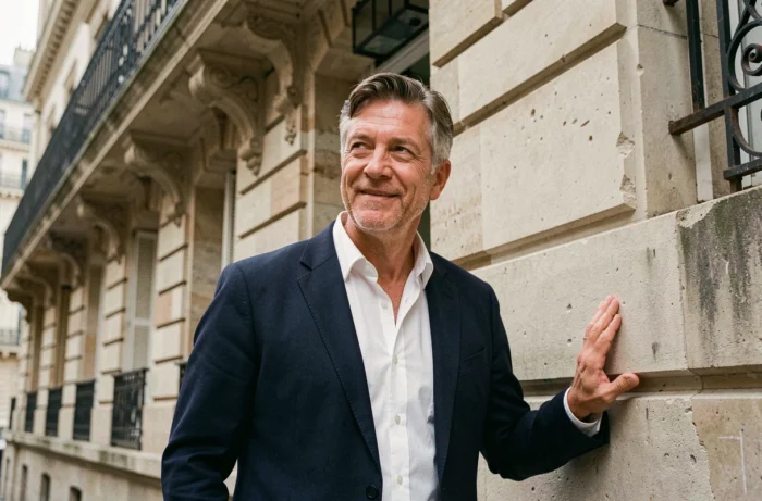 Homme distingué d'une cinquantaine d'années debout devant un immeuble parisien en pierre, regard méditatif évoquant les secrets de famille et les racines personnelles de Philippe Gougler