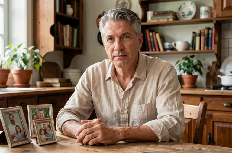 Portrait intimiste d'un homme mature aux cheveux poivre et sel assis dans une cuisine française, entouré de photographies de famille, évoquant les révélations sur la vie privée de Philippe Gougler
