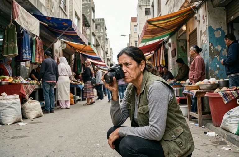 Photojournaliste femme en reportage dans un marché urbain animé, capturant l'actualité sur le terrain