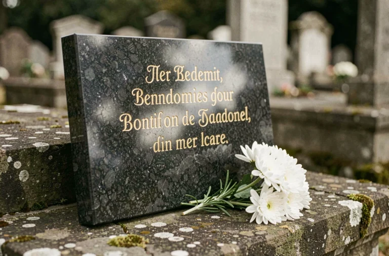 Plaque funéraire en granit noir gravée avec lettres dorées entourée de chrysanthèmes blancs dans un cimetière
