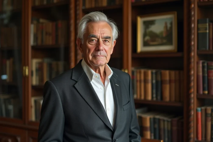 Portrait d'un homme distingué aux cheveux argentés dans un appartement parisien raffiné avec bibliothèque, illustrant le mari d'une personnalité publique française