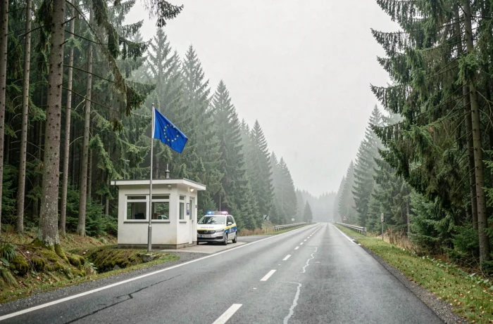 Posto fronteiriço europeu isolado em zona rural com estrada vazia e floresta de coníferas
