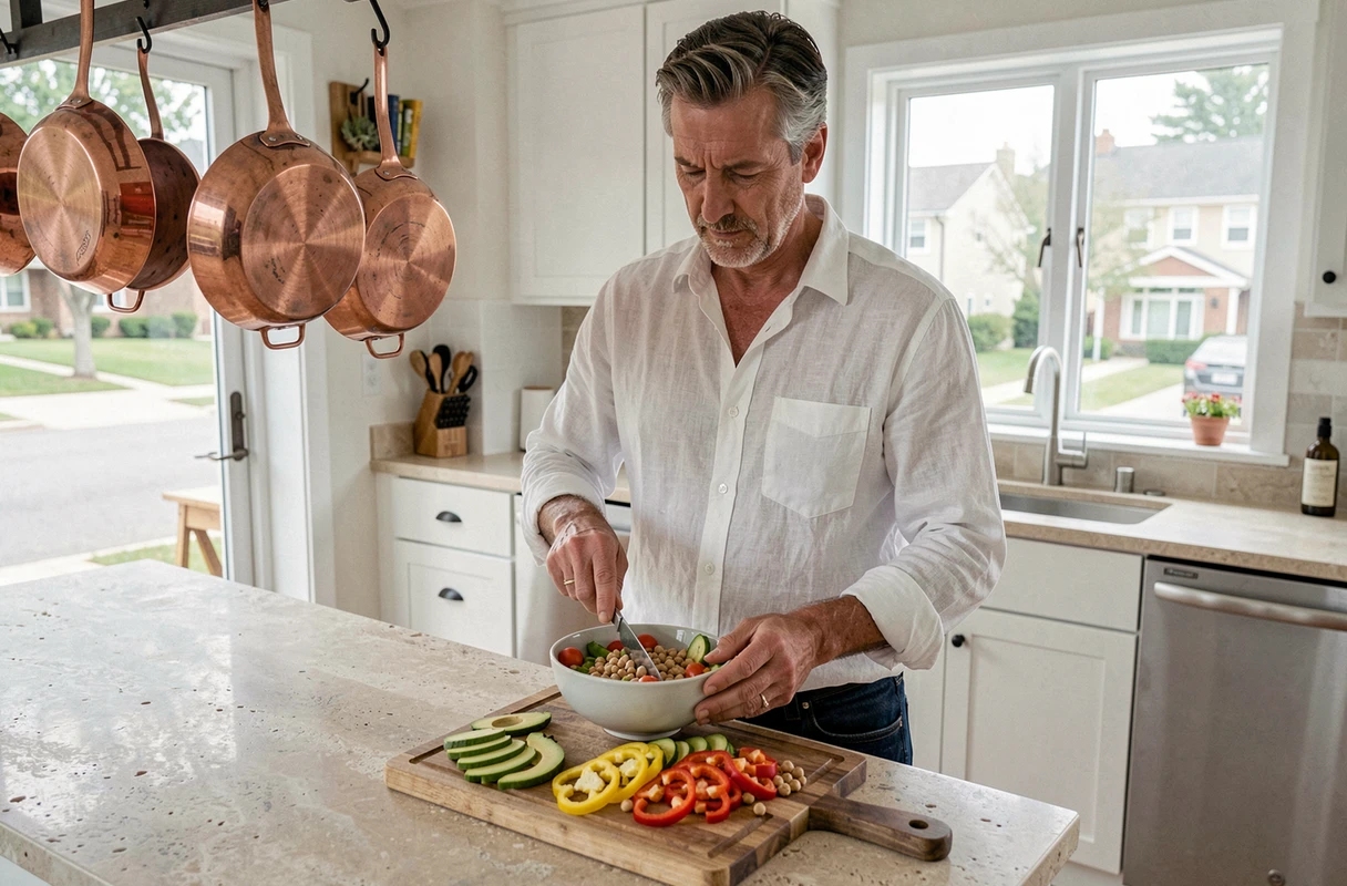 Homme préparant un bol de légumes frais et légumineuses dans une cuisine moderne, illustrant l'alimentation saine pour prendre soin de sa santé