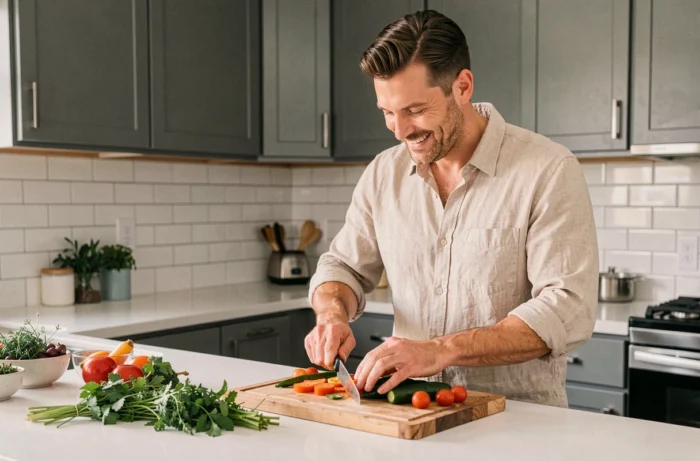 Homme préparant un repas équilibré avec des légumes frais dans une cuisine moderne pour améliorer sa qualité de vie