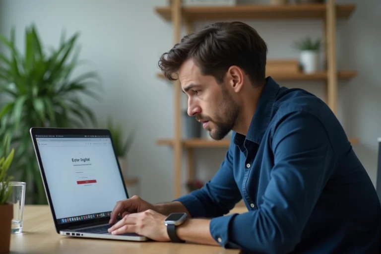Un homme concentré face à un message d'erreur de connexion sur le portail Arena Aix Marseille depuis son bureau à domicile