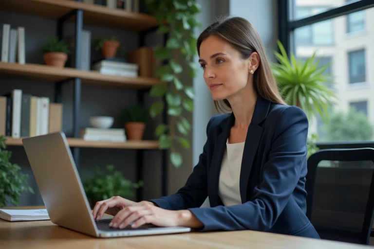 Professionnelle en blazer marine tapant sur un ordinateur portable dans un bureau à domicile moderne pour publier des annonces en ligne