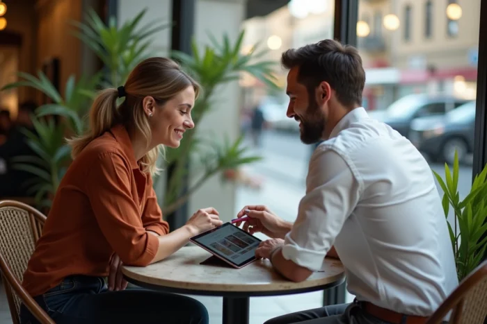 Deux professionnels discutant d'une annonce en ligne sur une tablette dans un café urbain pour développer leur activité