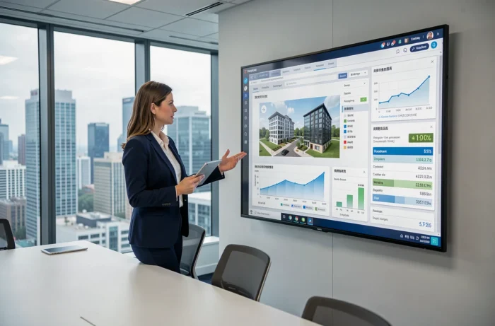 Real estate developer presenting construction cost optimization software during a professional meeting