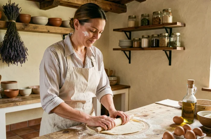 Femme préparant des pâtes fraîches maison sur un plan de travail en bois dans une cuisine rustique chaleureuse