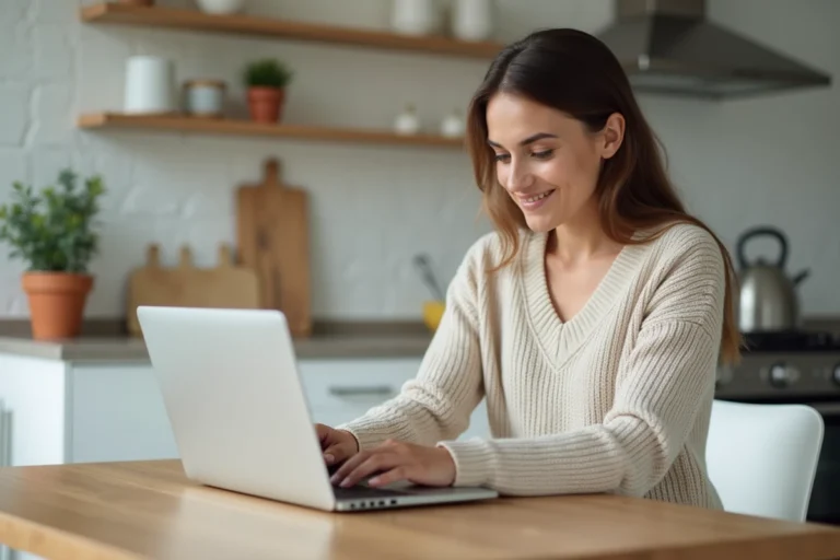 Jeune femme recherchant une garde d'enfant fiable sur internet depuis sa cuisine