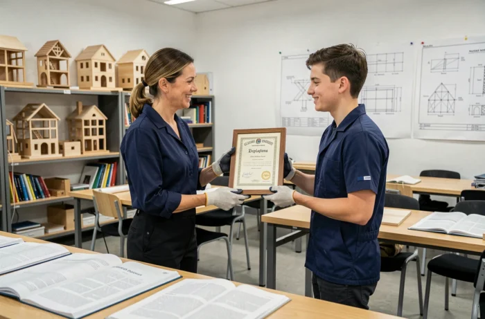 Formatrice en menuiserie remettant un diplôme reconnu à un étudiant dans un centre de formation professionnelle