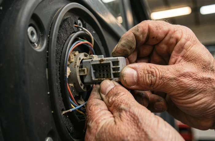 Close-up of replacing a faulty central locking actuator inside a vehicle door