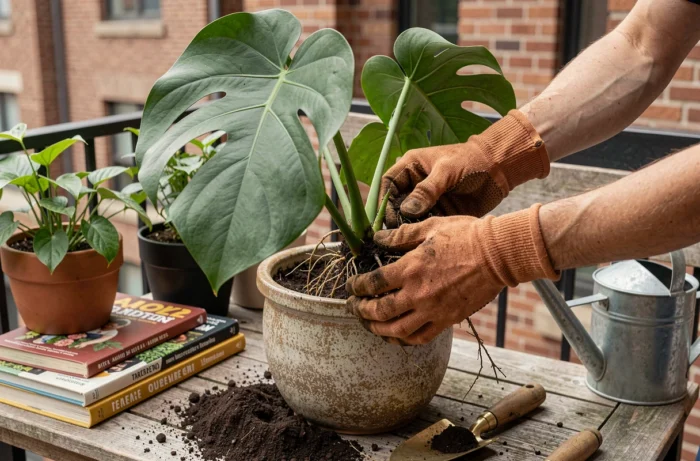 Mains en train de rempoter un monstera dans un pot en céramique sur un balcon urbain avec accessoires de jardinage