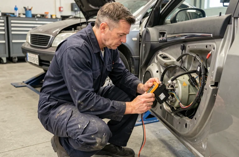 Technicien automobile réparant une fermeture centralisée défectueuse sur une portière de voiture dans un atelier