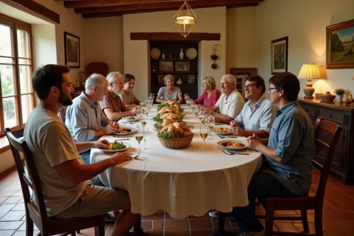 Huit personnes attablées autour d'une grande table ovale dans une cuisine de ferme chaleureuse lors d'un repas en famille