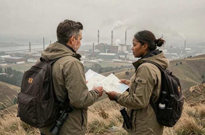 Two field reporters during a long report observing an industrial city from a hill