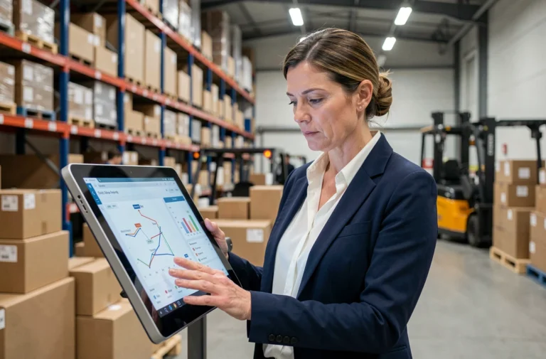 Responsable logistique analysant un logiciel d'optimisation de livraison sur une tablette dans un entrepôt moderne