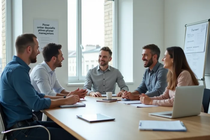 Équipe d'entrepreneurs en réunion stratégique dans les bureaux d'une startup française moderne